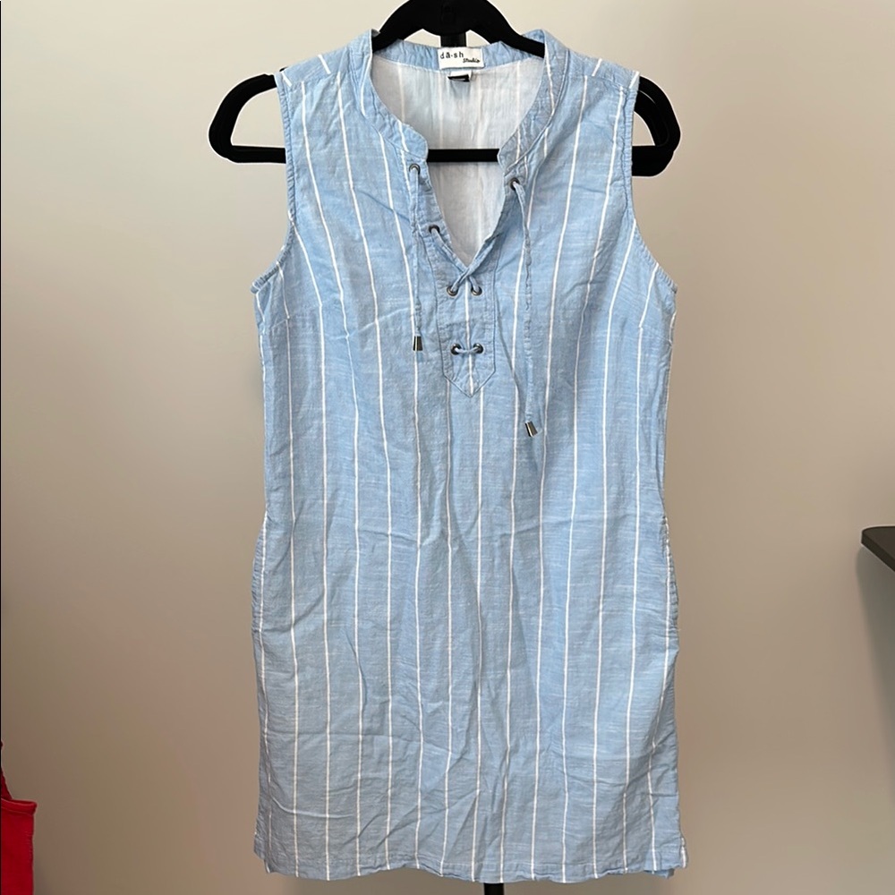 Dash Casual Blue and White Tie Front Sheath Midi Dress